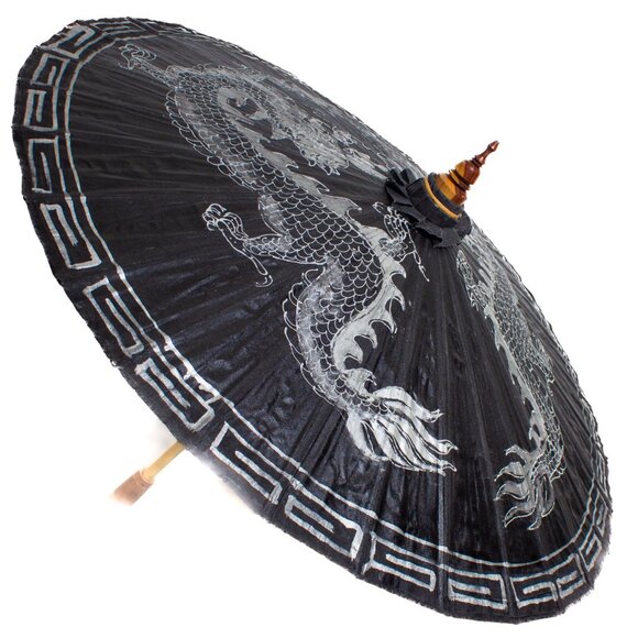 Vintage Chinese Black Paper Parasol With Silver Dragon Design - Picture 2 of 10